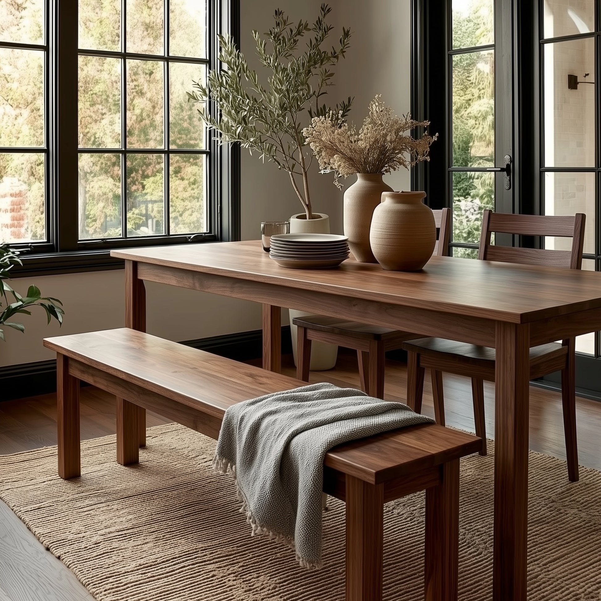 Wooden dining table with chairs and a bench in a room with large windows.