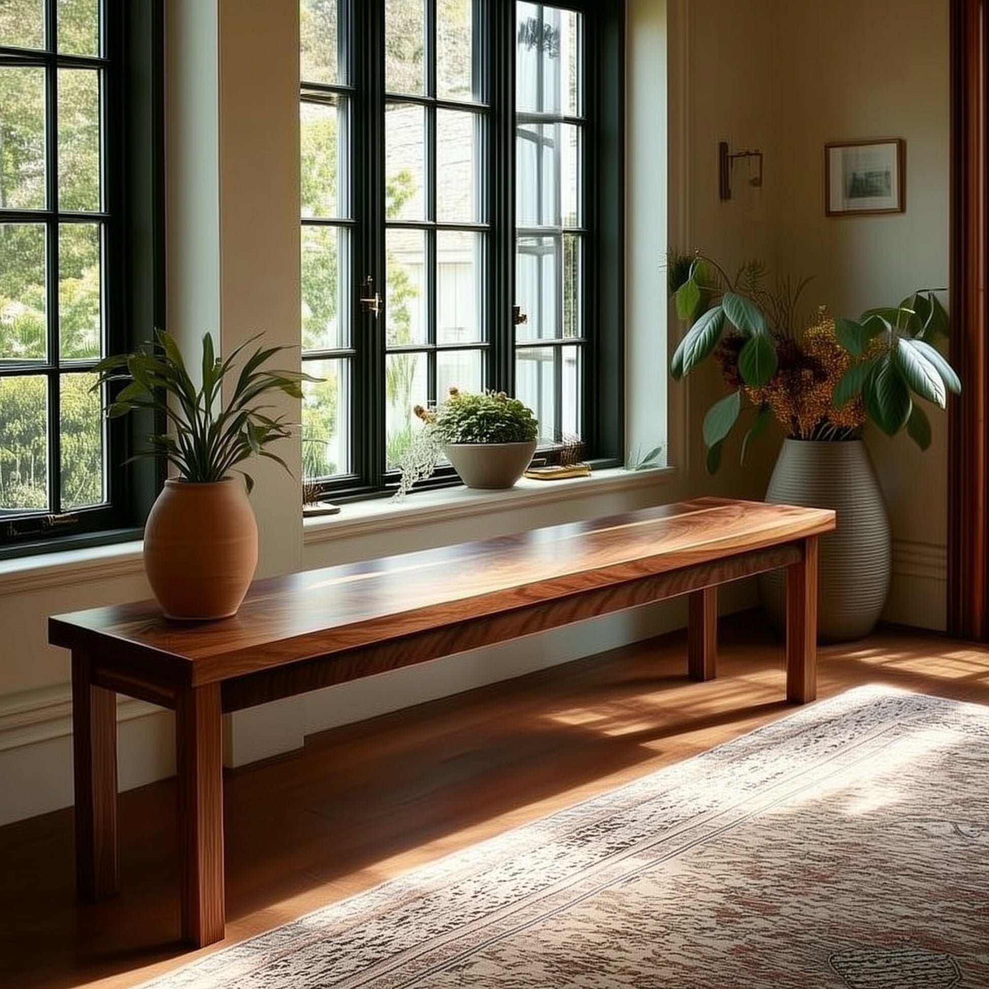 Wooden bench in a room with large windows and potted plants.