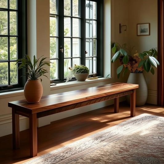 Wooden bench in a room with large windows and potted plants.