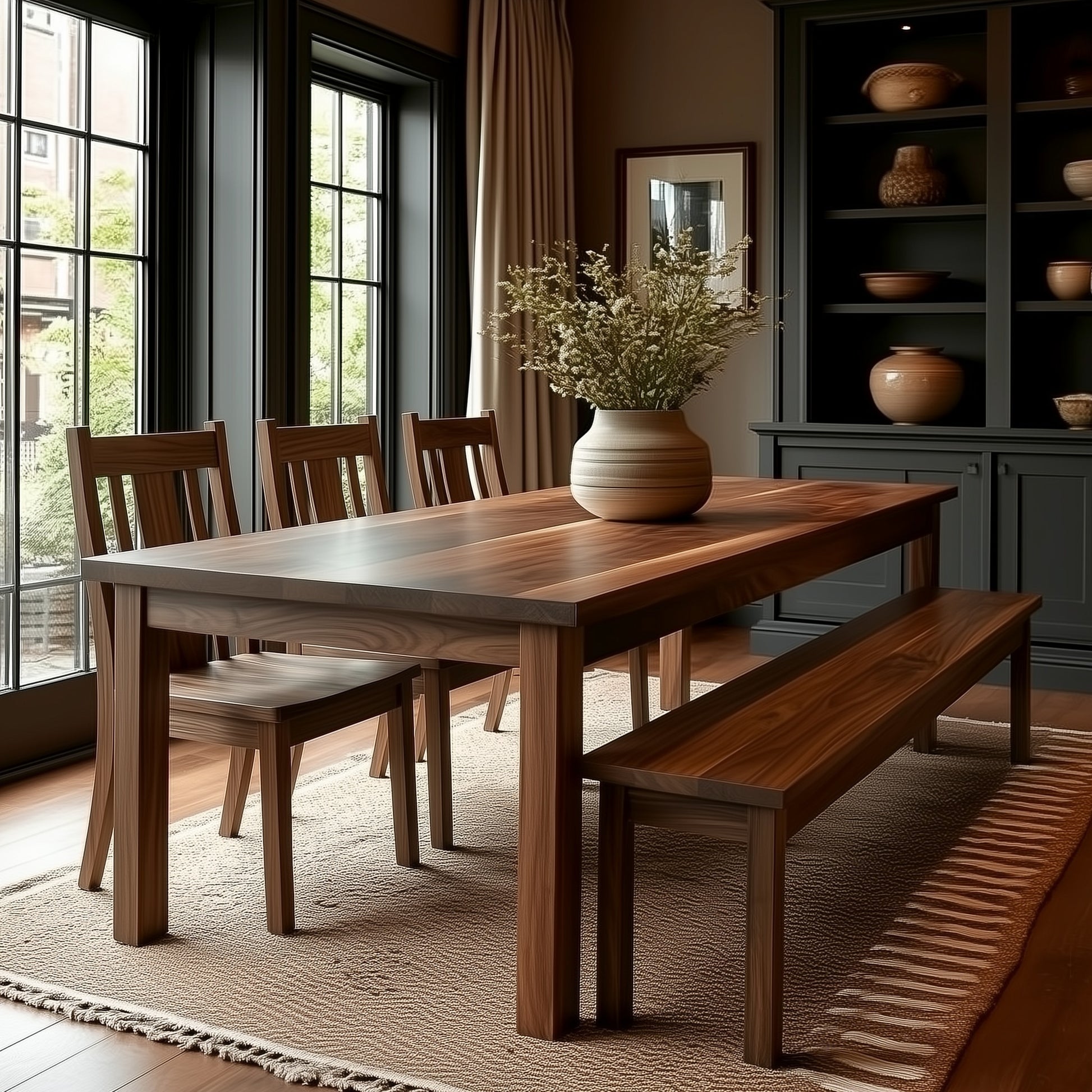 Wooden dining table with chairs and a bench with a vase of flowers in a room with large windows.