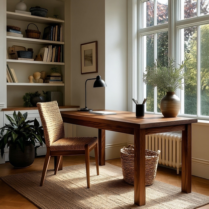 Wooden desk with chair in a room with large windows and shelves.