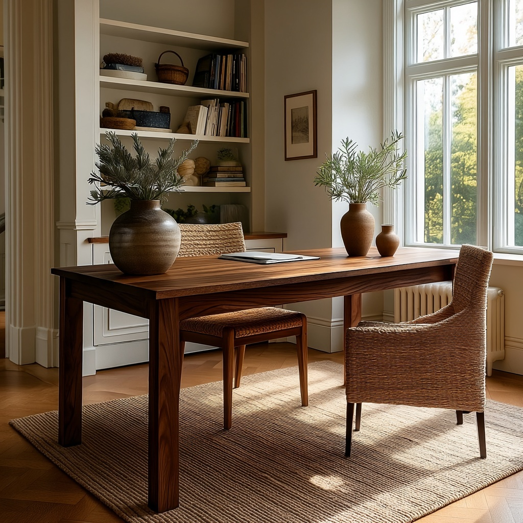 Wooden desk with chairs in a bright room with large windows