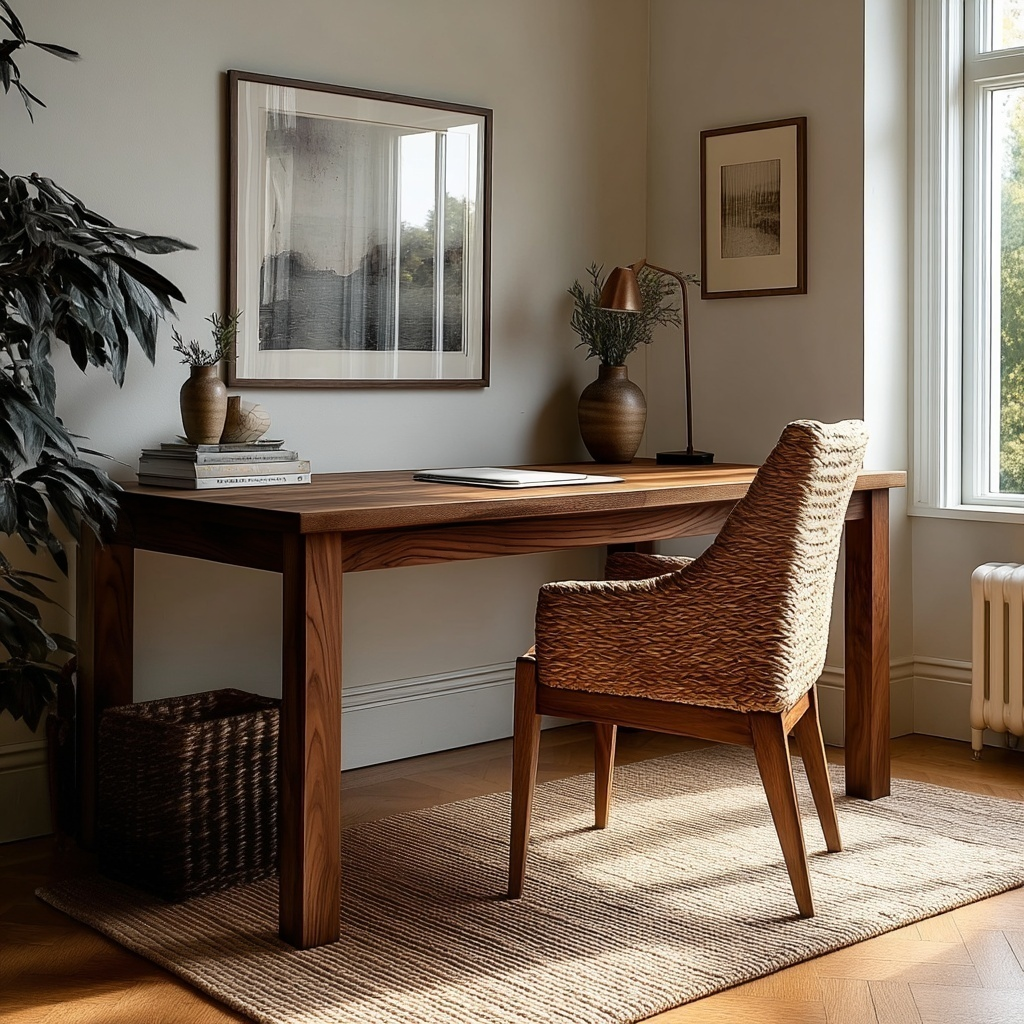 Wooden desk with wicker chair in a room with large windows and framed artwork on the wall.