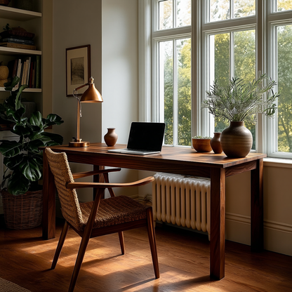 Home office with wooden desk, chair, and large windows.