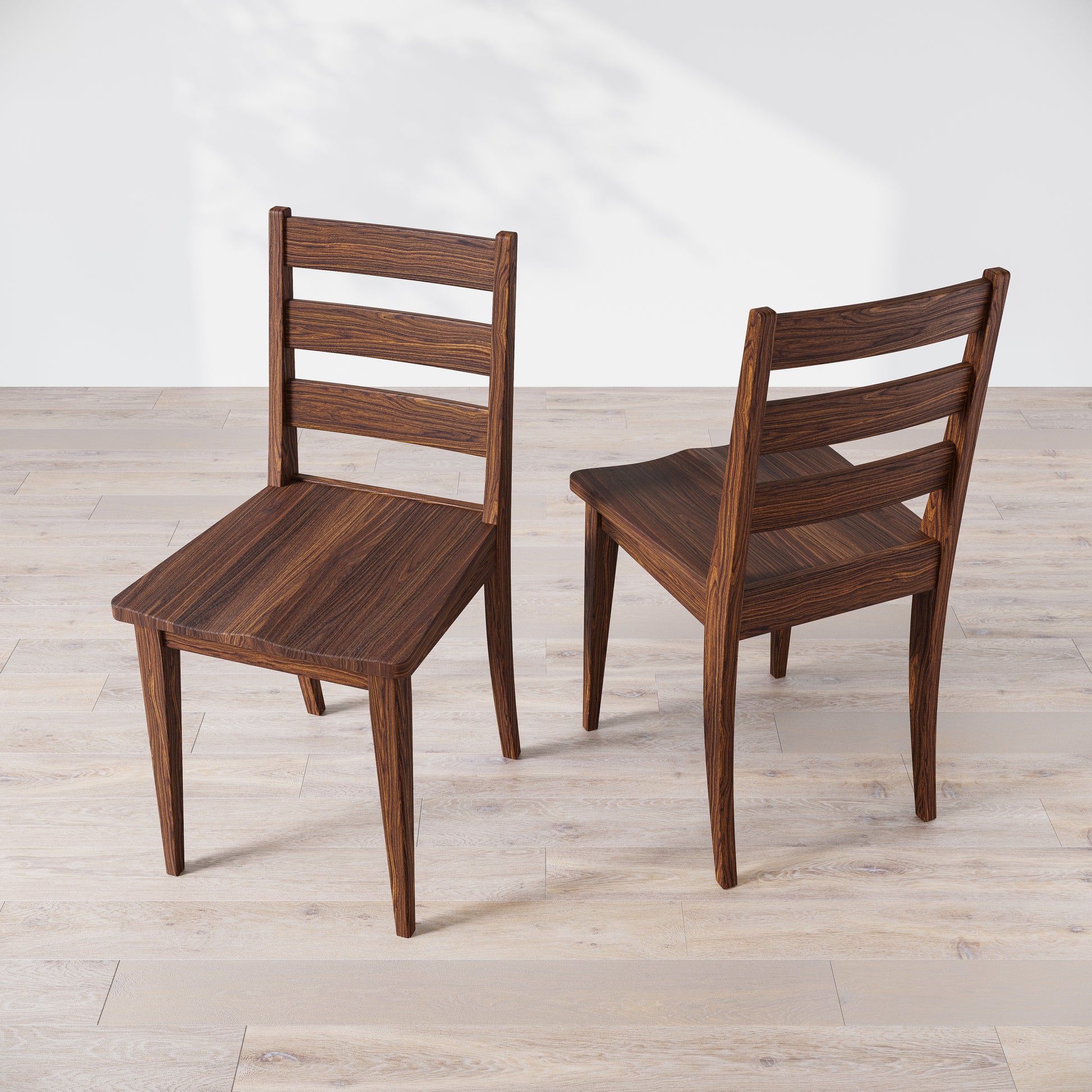 Two wooden dining chairs with a dark finish, featuring a simple, solid backrest and seat design on a light background.