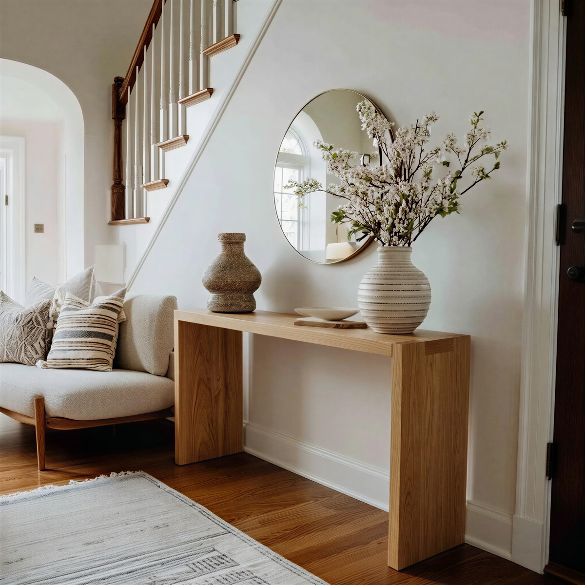 Narrow wooden console table with decorative items in a living room setting.
