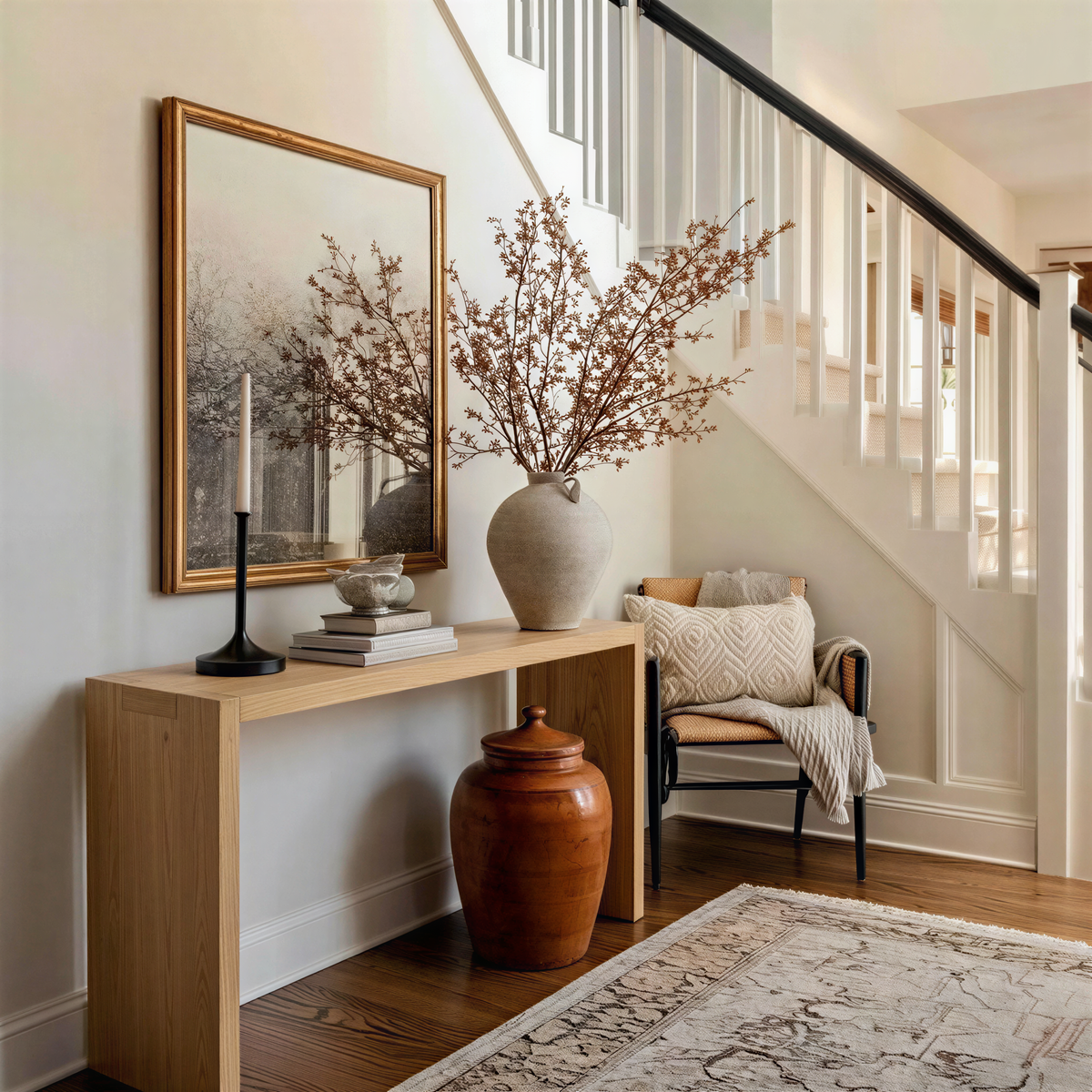 Modern interior with a wooden console table and decorative items.