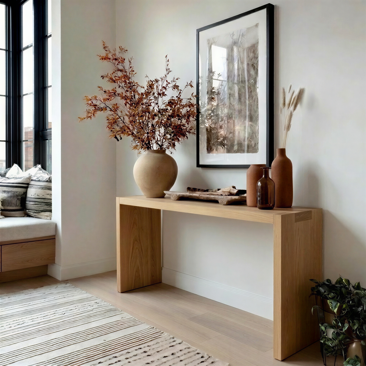 Modern interior with a wooden console table and decorative items.