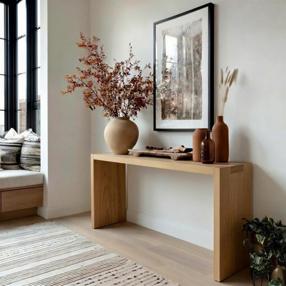 Modern interior with a wooden console table and decorative items.