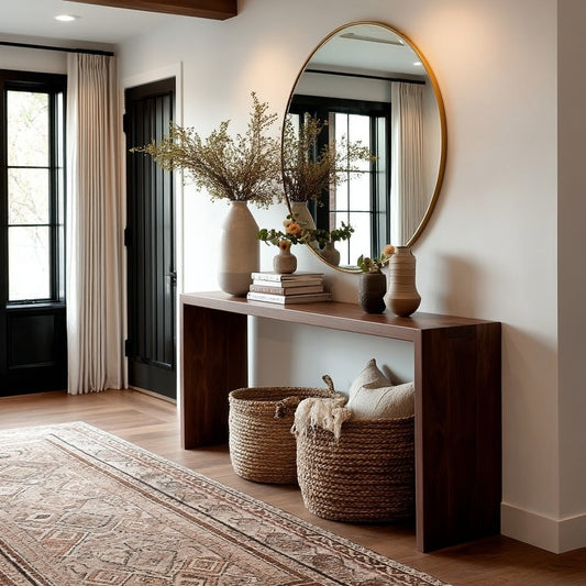 Modern interior with a wooden console table, round mirror, and decorative items.