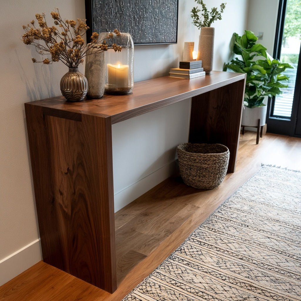Wooden console table with decorative items in a living room setting