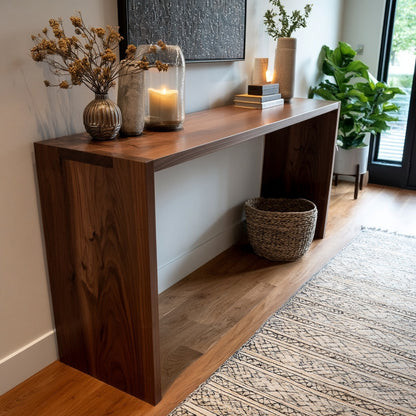 Wooden console table with decorative items in a living room setting