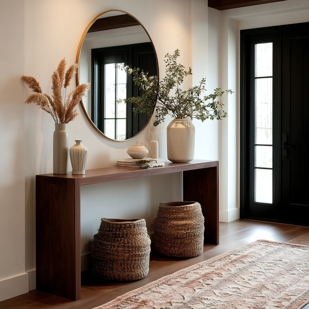 Entryway with round mirror, wooden console table, and decorative items.