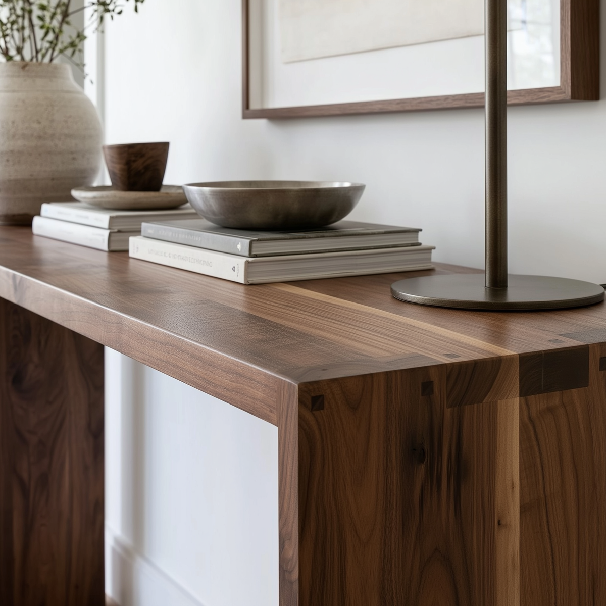 A close-up of a dark walnut wood console table in a styled room setting, featuring a stack of books, a ceramic bowl, a vase, and a floor lamp base.