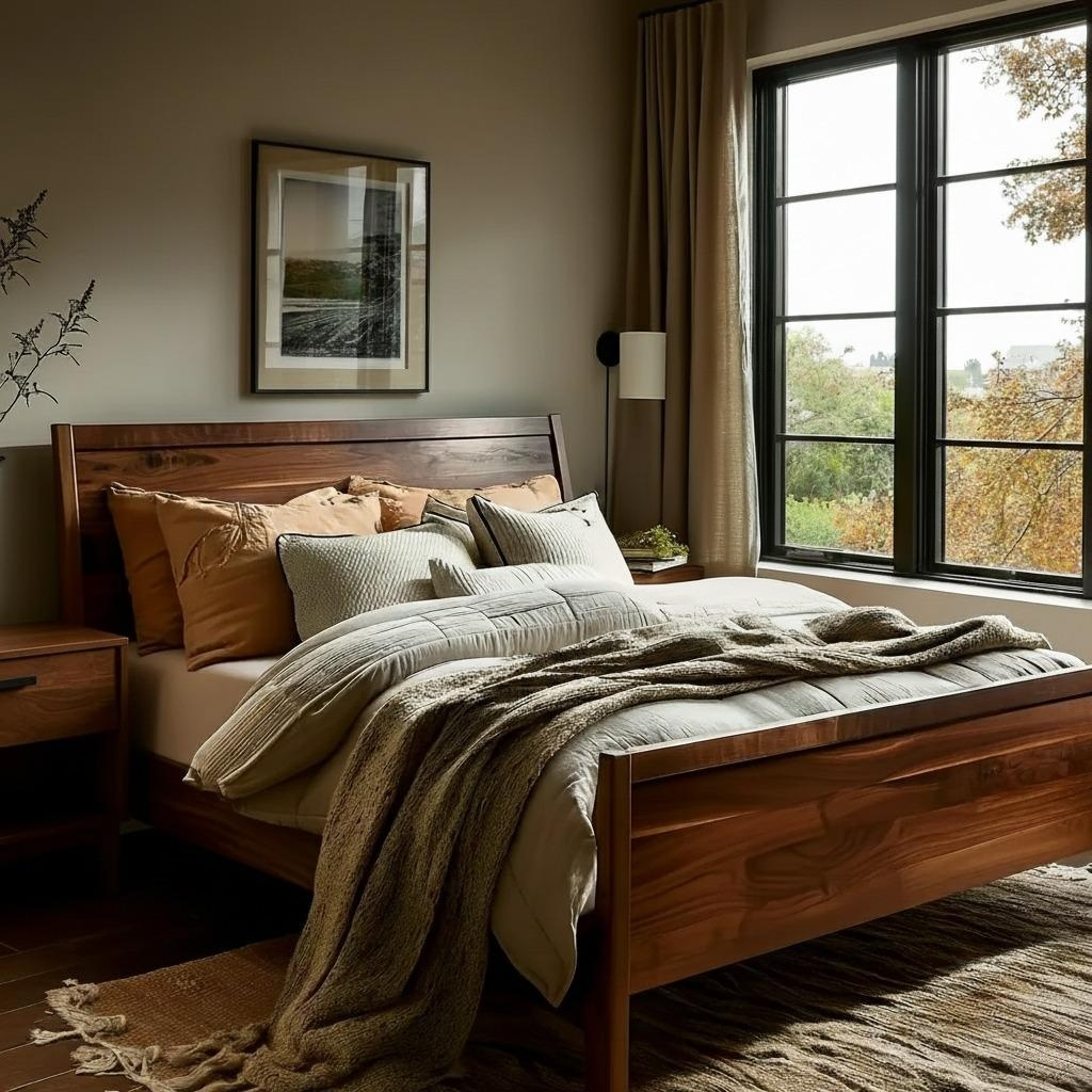 Bedroom with wooden bed, pillows, and a large window.