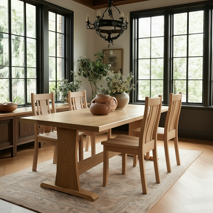Dining room with wooden table and chairs near large windows.