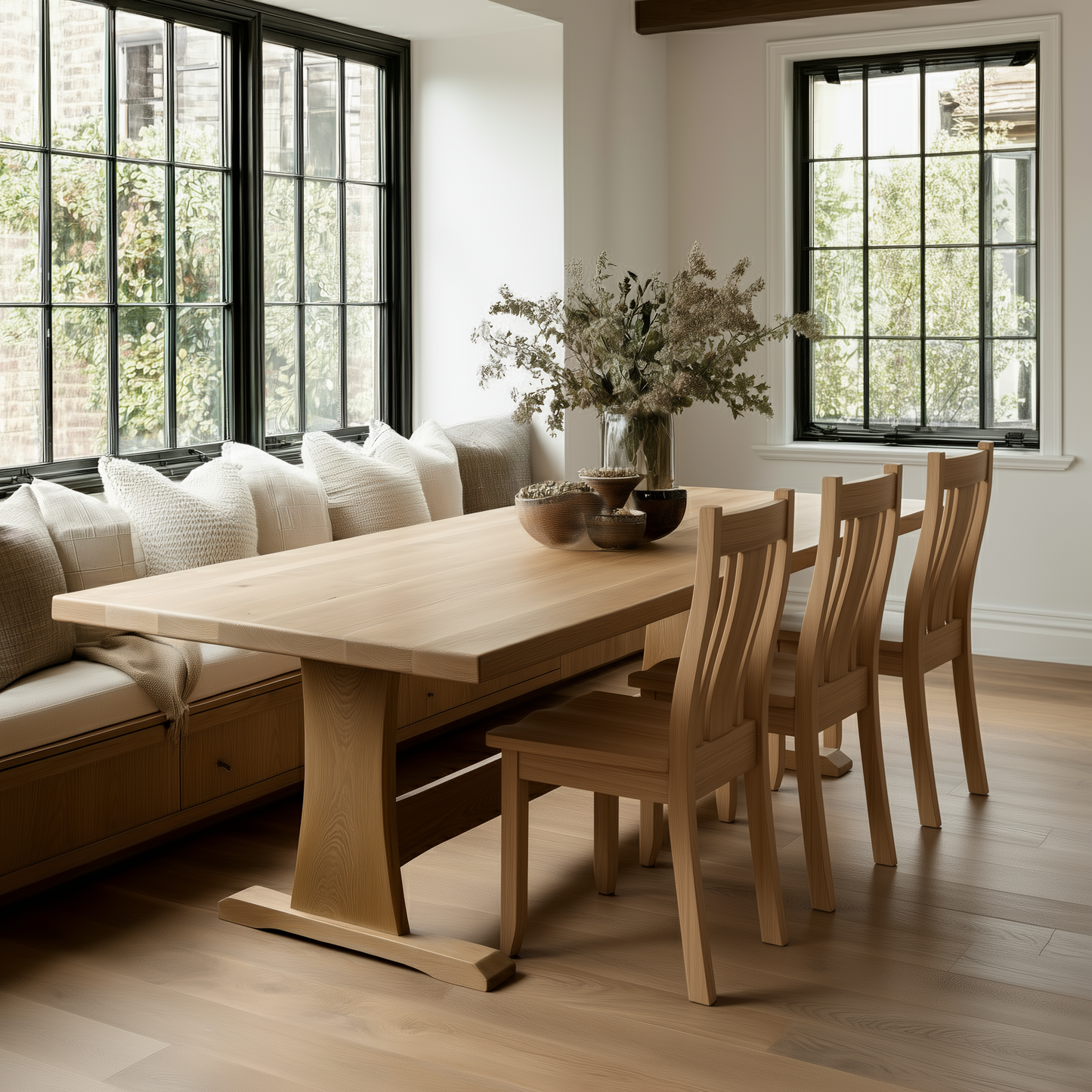 Wooden dining table with chairs in a bright room with large windows.