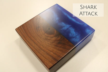 A walnut and blue epoxy sample