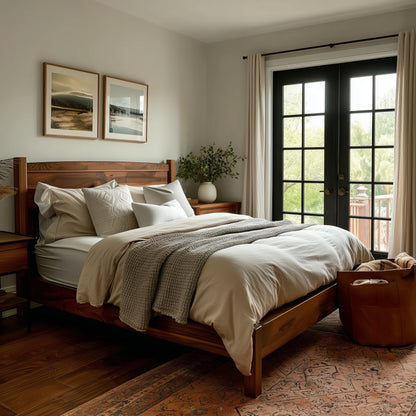 Bedroom with wooden bed, white bedding, and a large window.