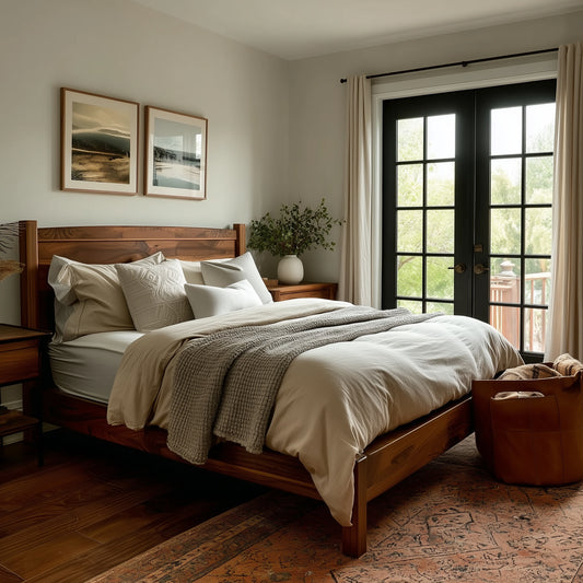Bedroom with wooden bed, white bedding, and a large window.