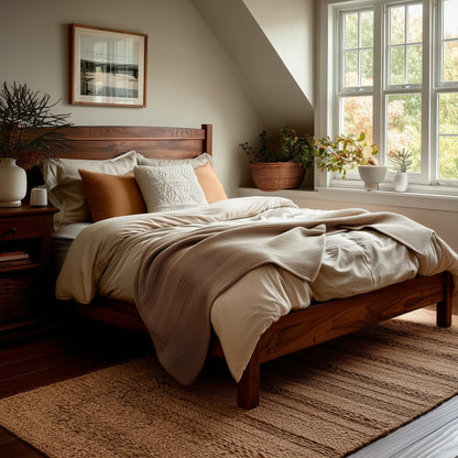 Cozy bedroom with wooden bed, pillows, and a window with plants.