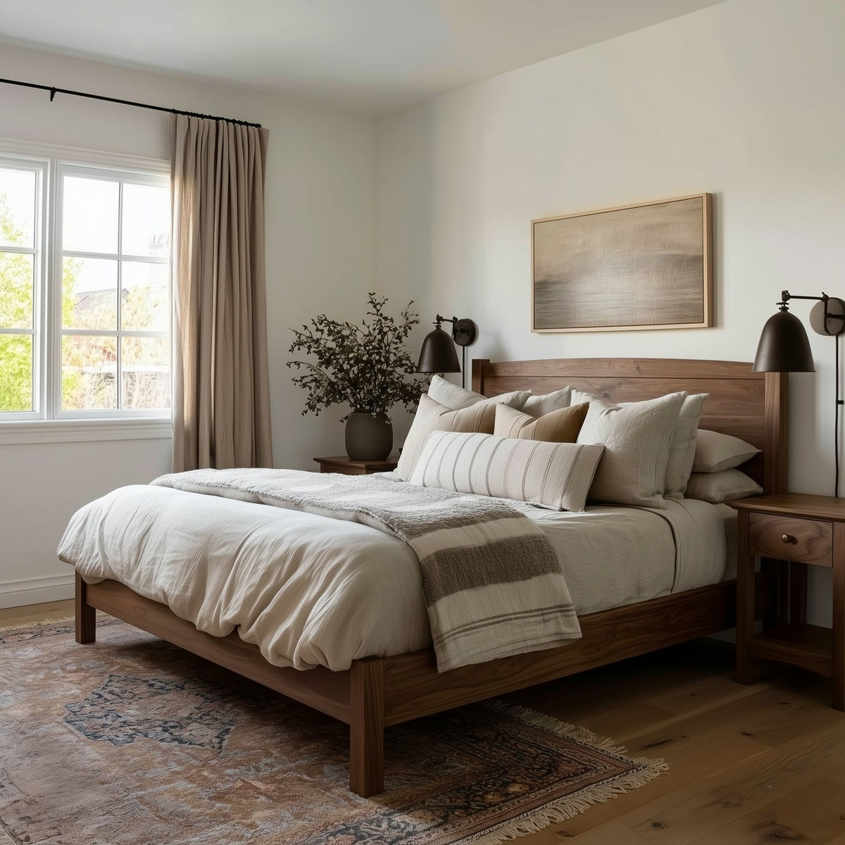 Bedroom with wooden bed, white bedding, and a large window.