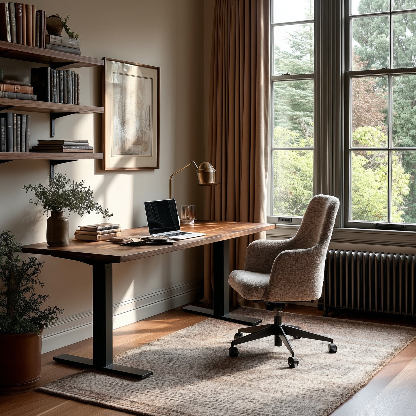 Home office with wooden desk, chair, and large window