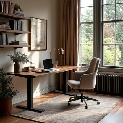 Home office with wooden desk, chair, and large window