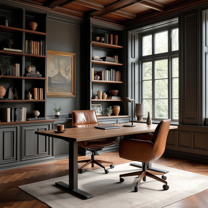 Modern office with wooden desk, chairs, and bookshelves.
