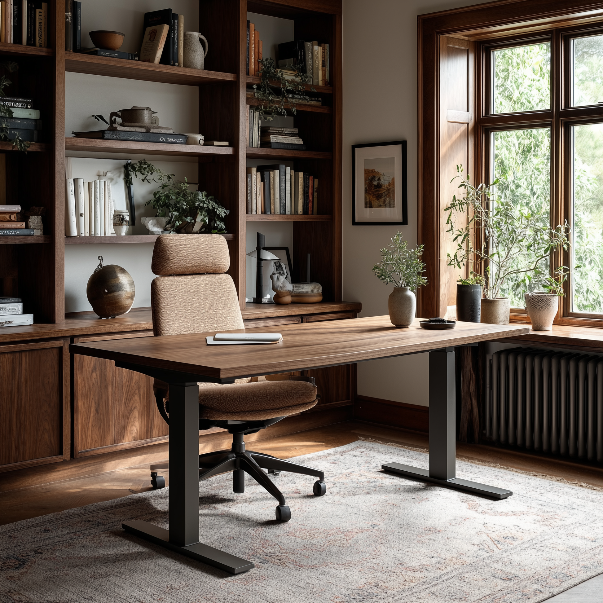 Home office with wooden desk, chair, and bookshelves.