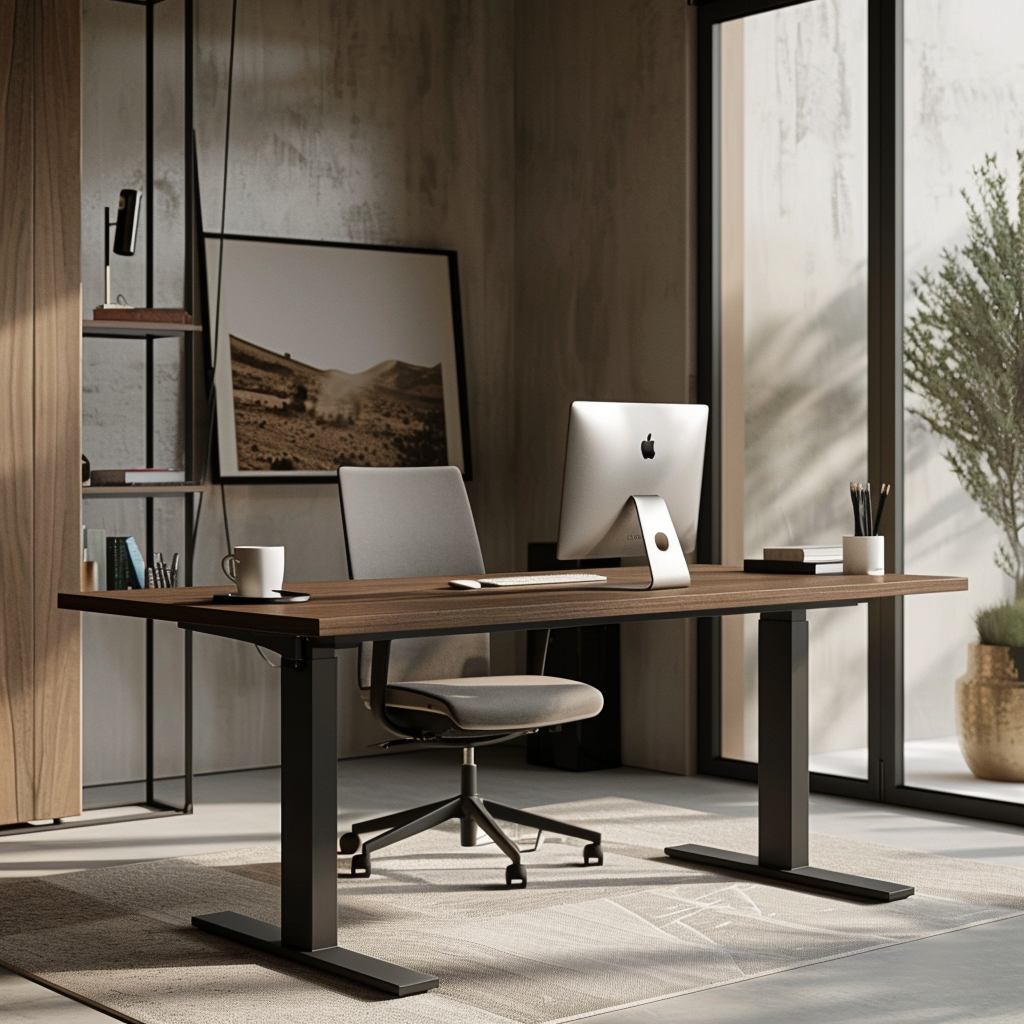 A modern standing desk made of wood with black metal legs, set in an office environment with office chair and various office items.