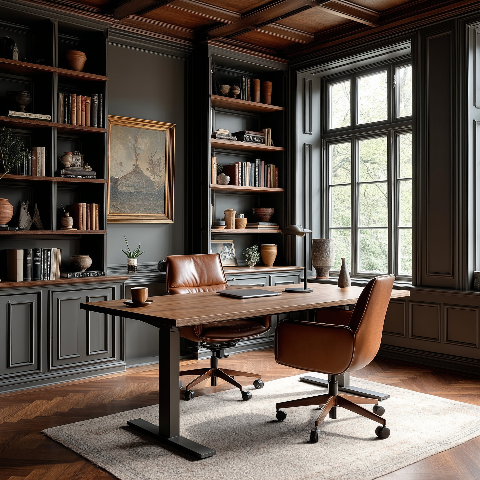 Modern office with wooden desk, chairs, and bookshelves.