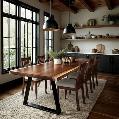 Modern kitchen with wooden dining table and chairs, large windows, and open shelves.