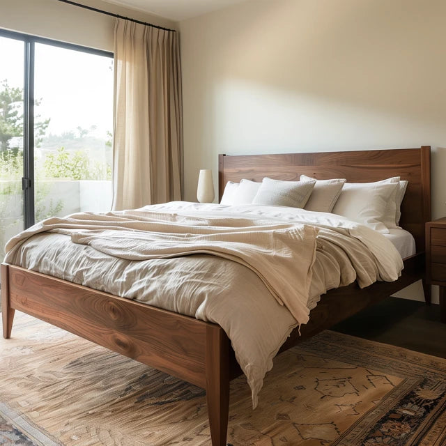 A walnut bed frame with a high headboard and footboard, dressed with white bedding and a beige blanket, set in a bedroom with a window and a rug on the floor.