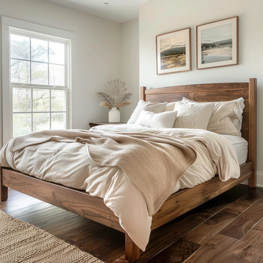 A walnut bed frame with a high headboard and footboard, dressed with white bedding and a beige blanket, set in a bedroom with a window and artwork on the wall.