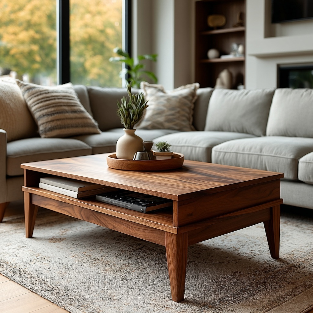 Wooden coffee table in a living room with a sofa and decorative items.