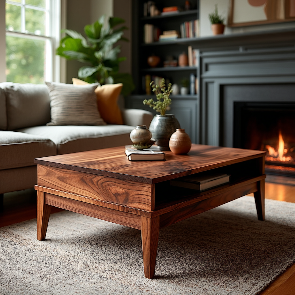 Wooden coffee table in a living room with a couch, plants, and fireplace.