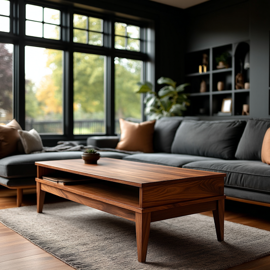 Modern living room with a wooden coffee table and gray sectional sofa.