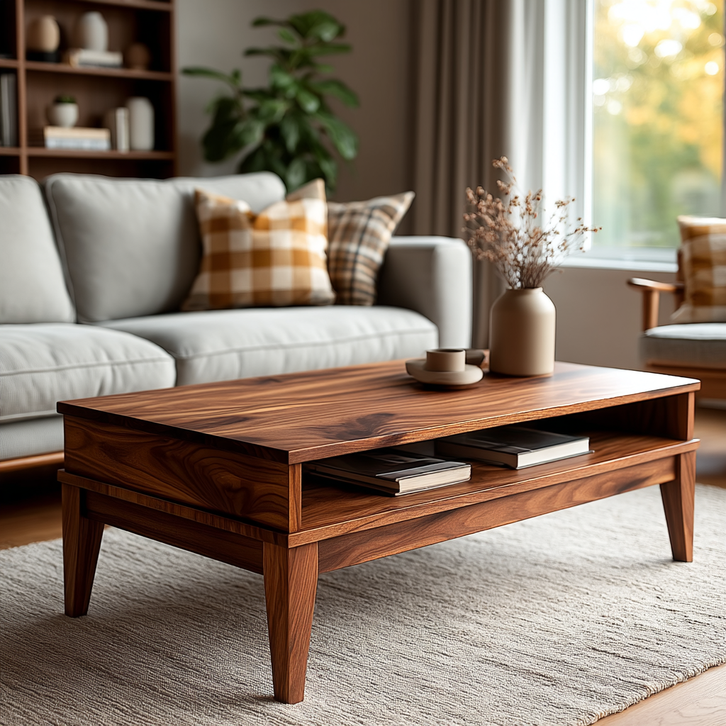 Wooden coffee table in a living room with a sofa and decorative items.