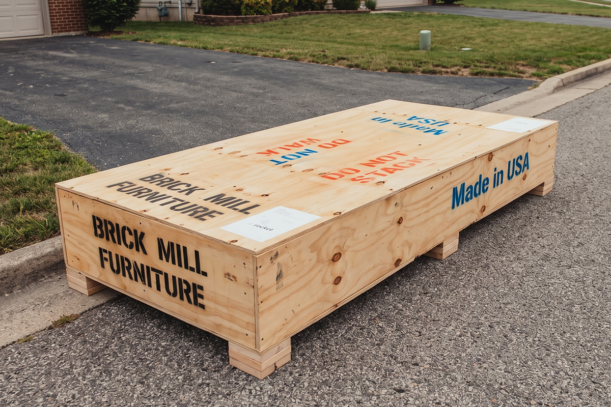 A large unfinished wooden crate-style furniture box on a paved driveway outdoors, with printed text including 'BRICK MILL FURNITURE,' 'Made in USA,' and 'DO NOT STACK.'.
