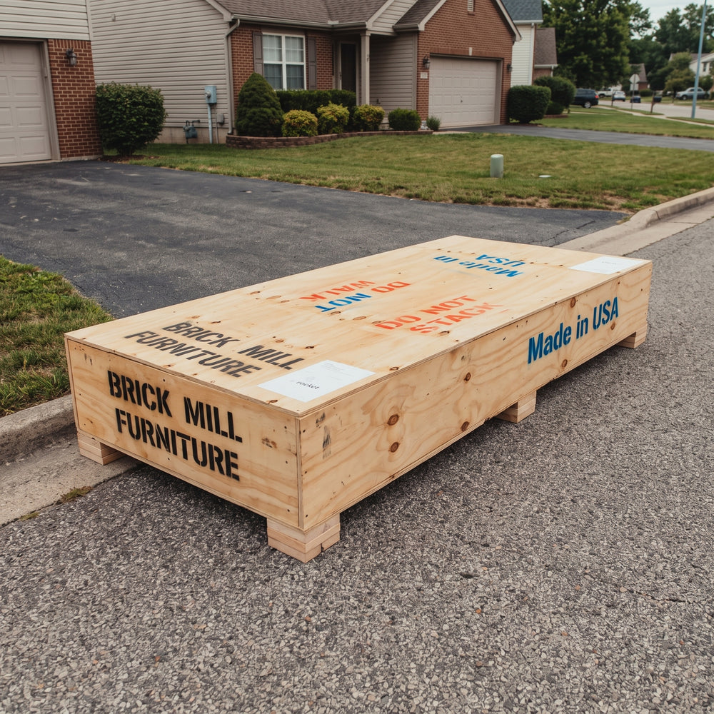 A large unfinished wooden crate or box for furniture sits on a paved street in front of a suburban house. The wood has printed text including 'BRICK MILL FURNITURE' and 'Made in USA' in black and blue lettering.