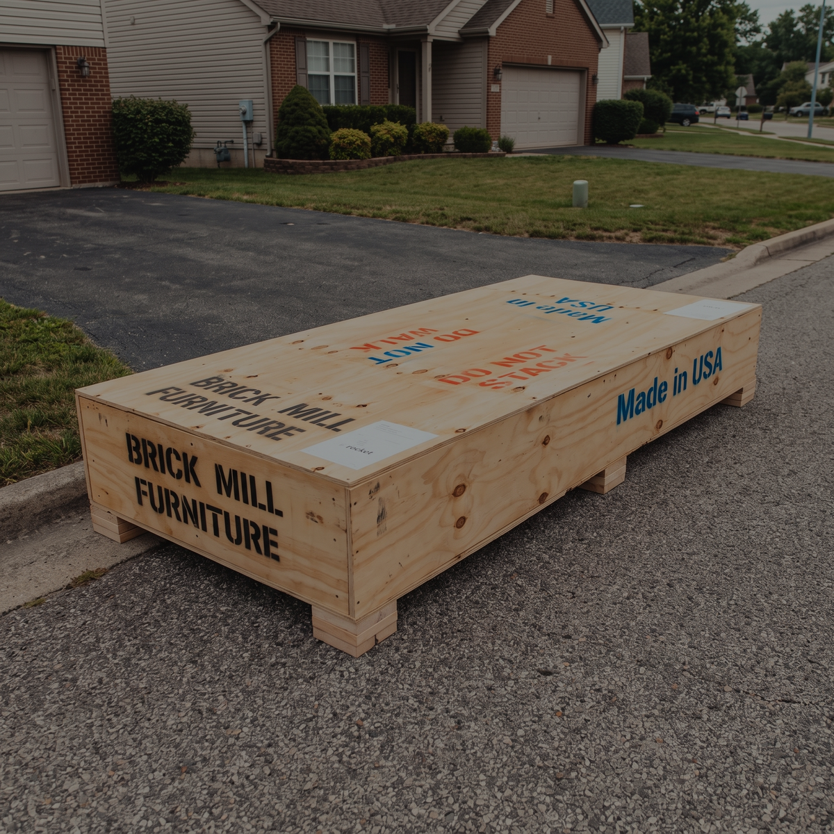 A large unfinished wooden crate or box for furniture sits on a paved street in front of a suburban house. The wood has printed text including 'BRICK MILL FURNITURE' and 'Made in USA' in black and blue lettering.