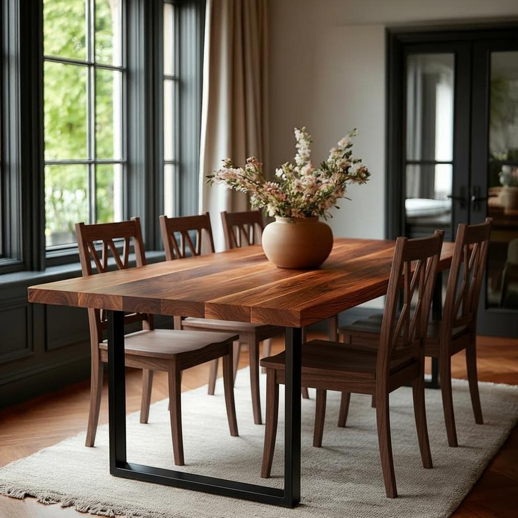 Dining room with wooden table and chairs, vase of flowers on table