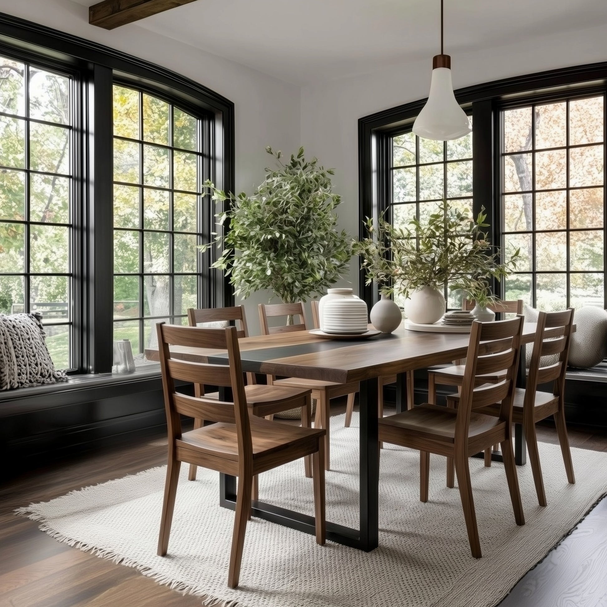Dining room with wooden table and chairs, large windows, and decorative plants.