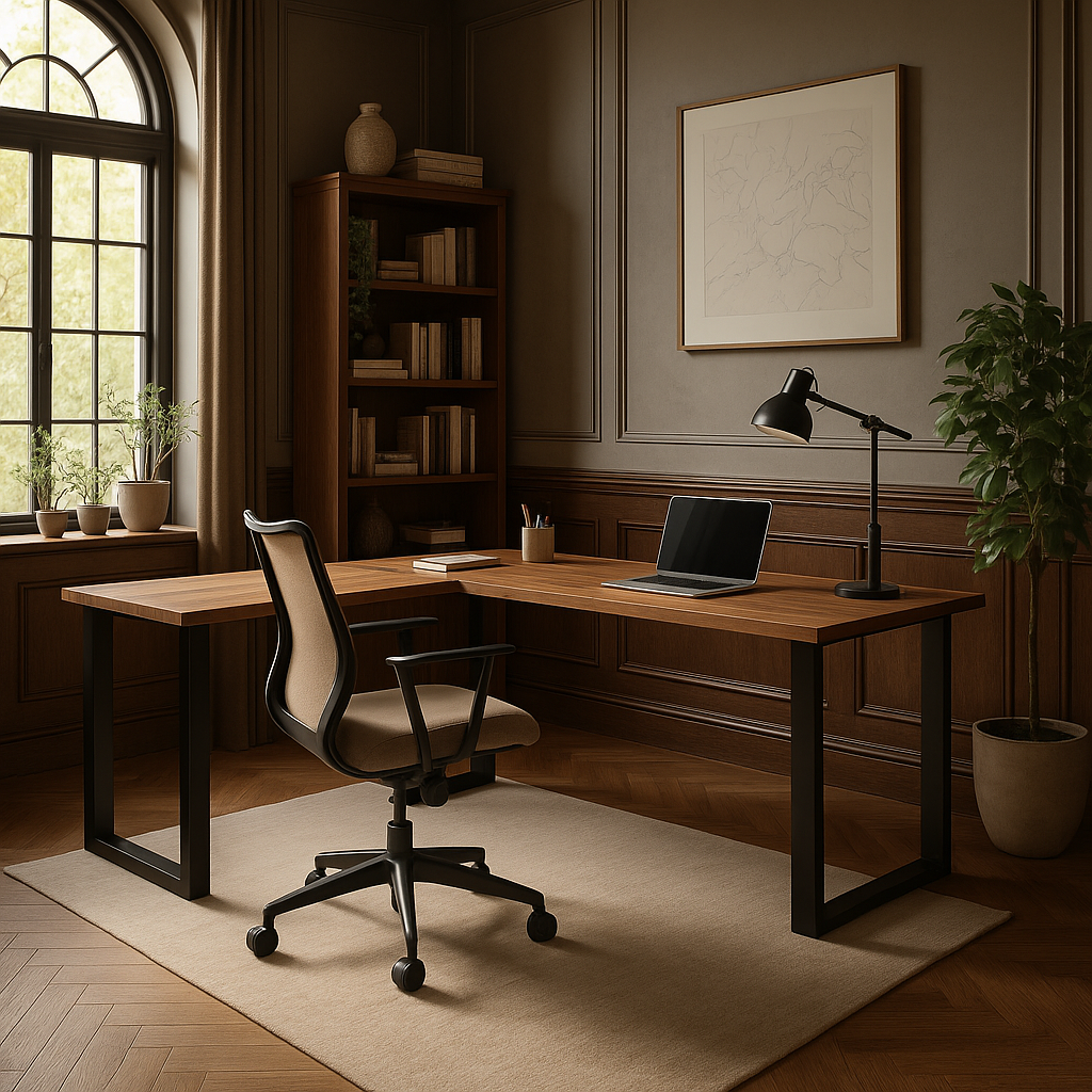 Home office with wooden desk, chair, laptop, and decor.