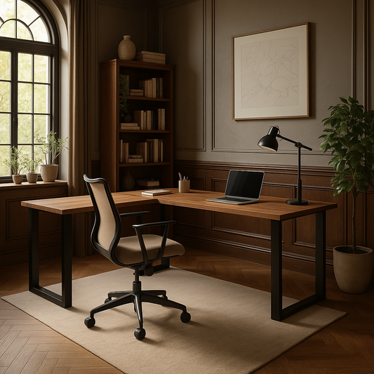 Home office with wooden desk, chair, laptop, and decor.