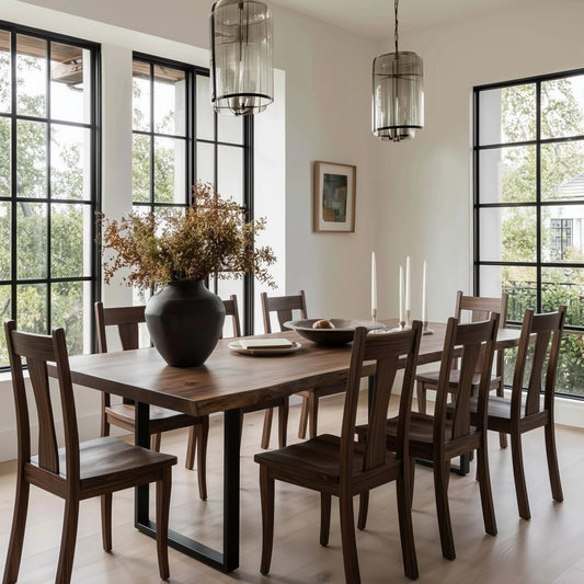 Dining room with wooden table and chairs, large windows, and decorative elements.