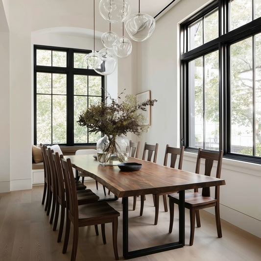 Dining room with a wooden table and chairs near large windows.
