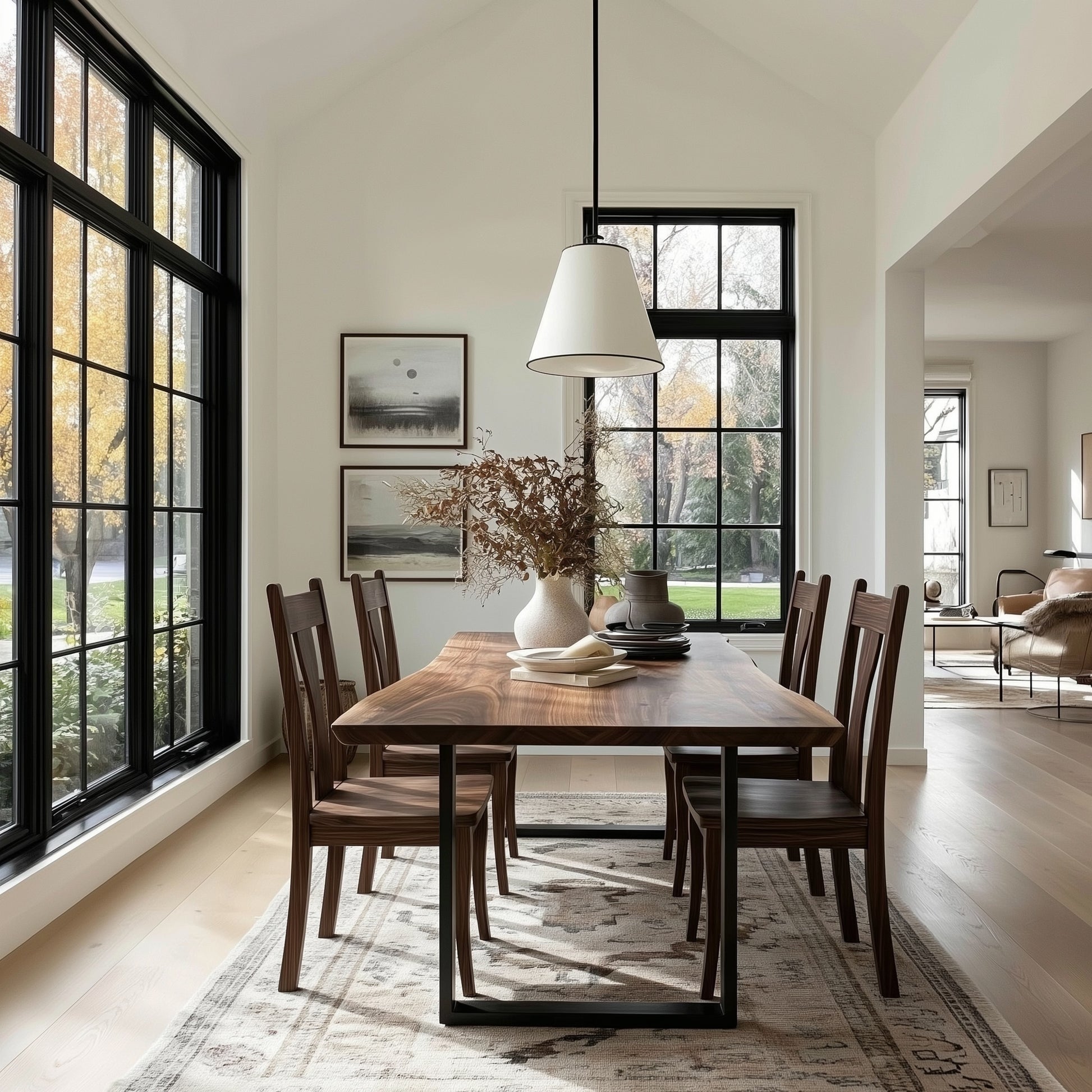 Dining room with wooden table and chairs near large windows