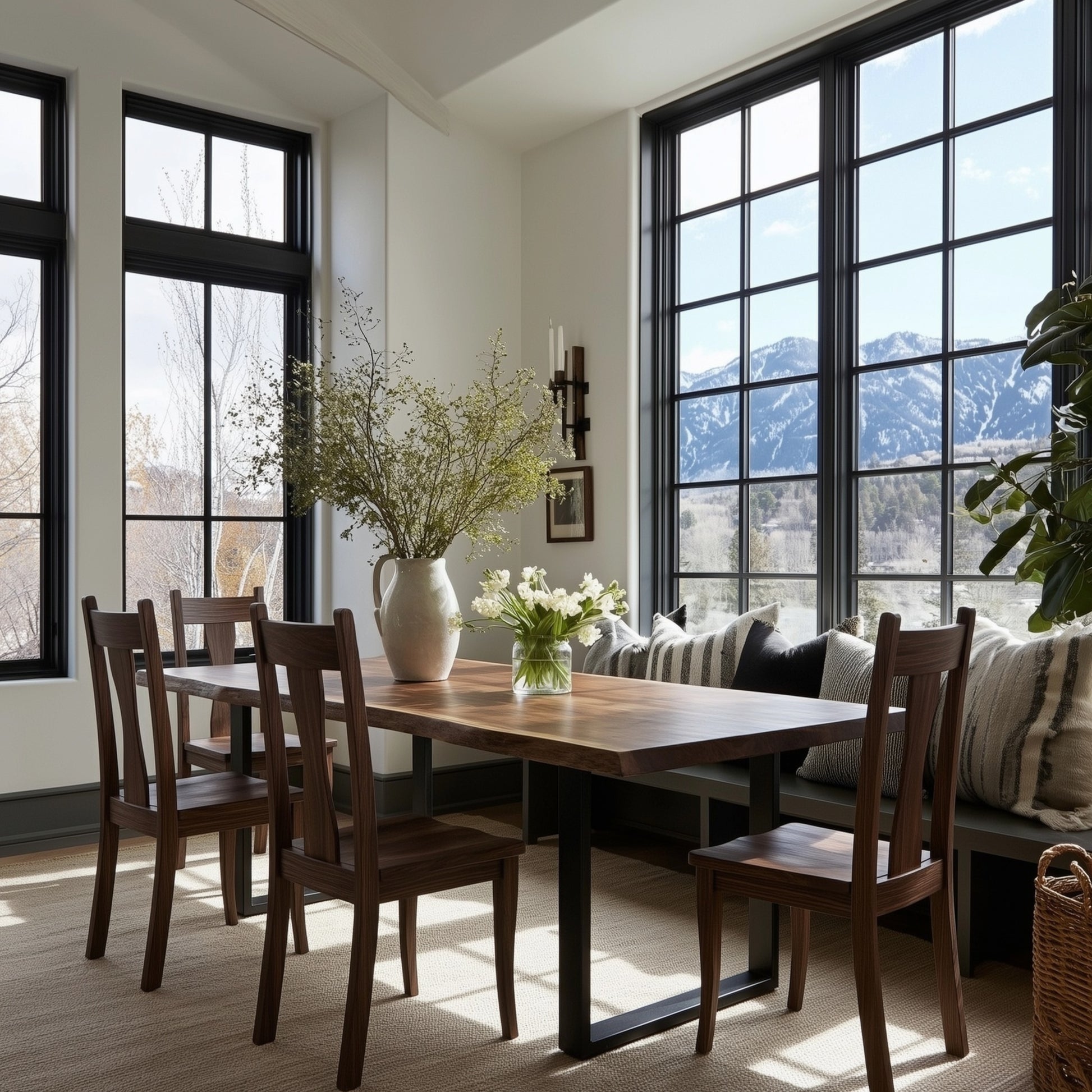 Dining room with wooden table and chairs, large windows, and mountain view.